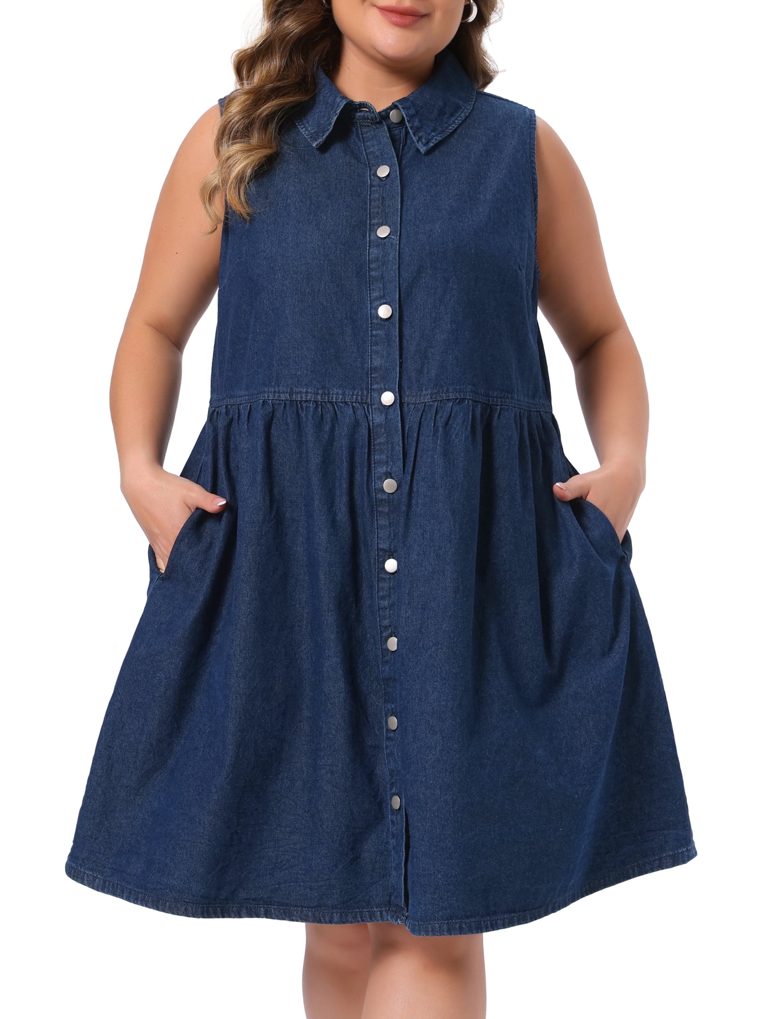 DARING DIVA Women's Plus Denim Dress Sleeveless Babydoll 2X Dark Blue
