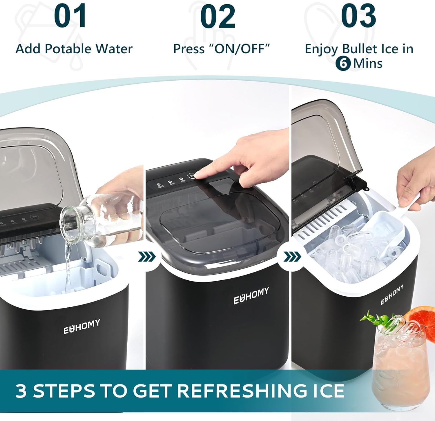 EUHOMY Countertop Ice Maker Machine with Handle, 26.4lbs Per Day, 9 Ice Cubes Ready in 6 Mins, Auto-Cleaning Portable Ice Maker with Basket and Scoop, for Home/Kitchen/Camping/RV (Black)