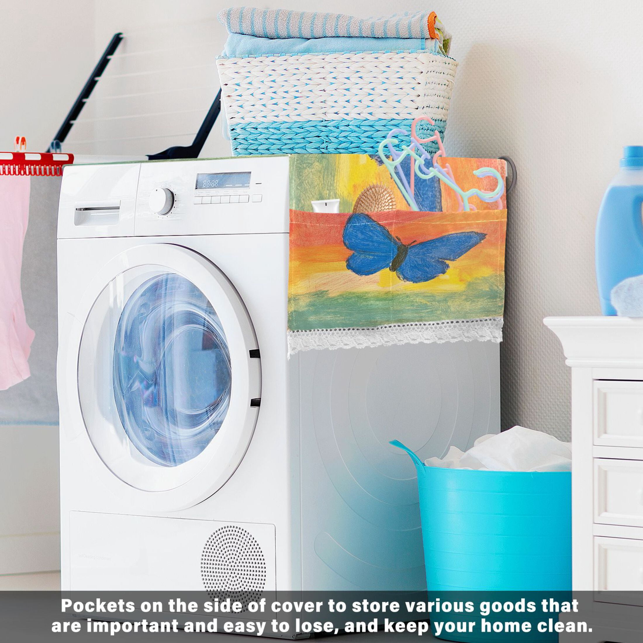 Blue ButterflyWasher and Dryer Covers Dust-Proof and Oil Resistant Fridge Cover with 4 Storage Pockets Washing Machine Top Cover for Laundry Kitchen Home 51.2 x 22 In
