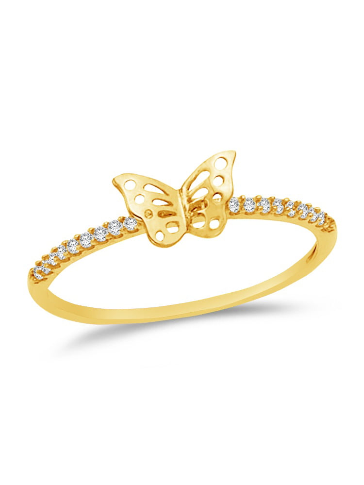 Butterfly Ring Solid 14k Yellow Gold CZ Band Right Hand Cocktail Ring Fashion 