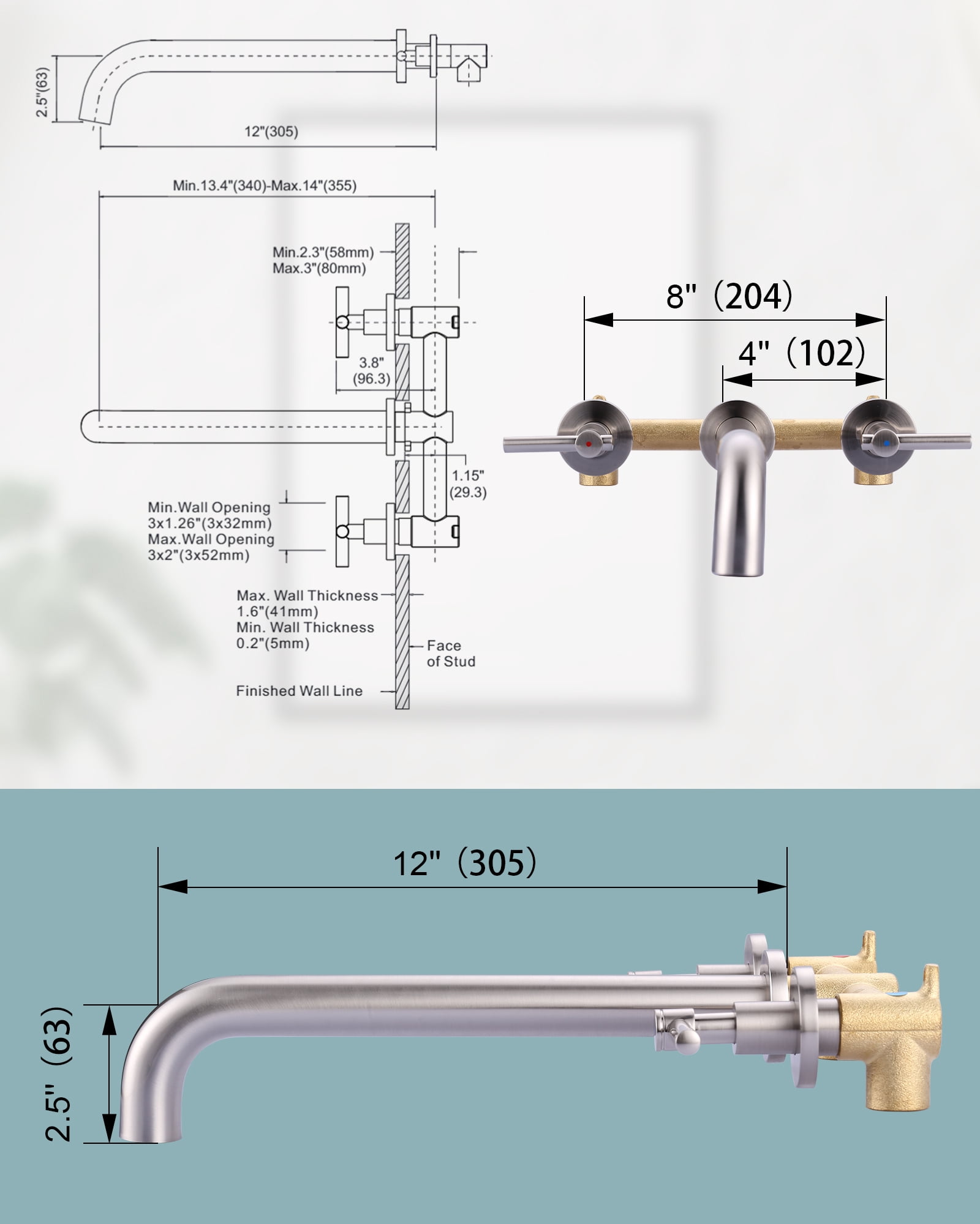 Wowow Wall Mount Tub Filler Faucets,High Flow Wall Mounted Bathtub Faucet with Two Handles and 12" Long Spout, Brushed Nickel
