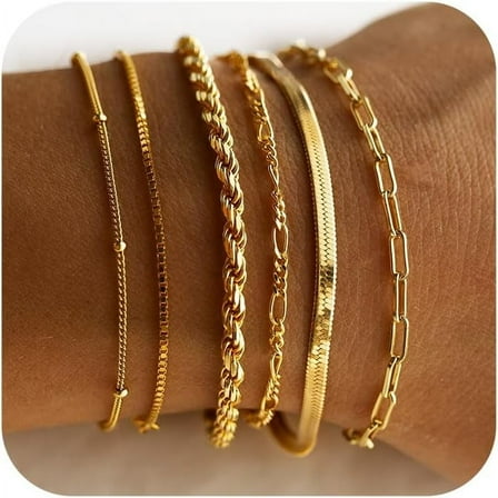 Gold Bracelets for Women Waterproof, 14K Real Gold Plated Stackable Dainty Chain Bracelet Set, Cuban Link & Paperclip Styles, Fashion Jewelry Gifts for Birthday, Christmas, Valentine's Day
