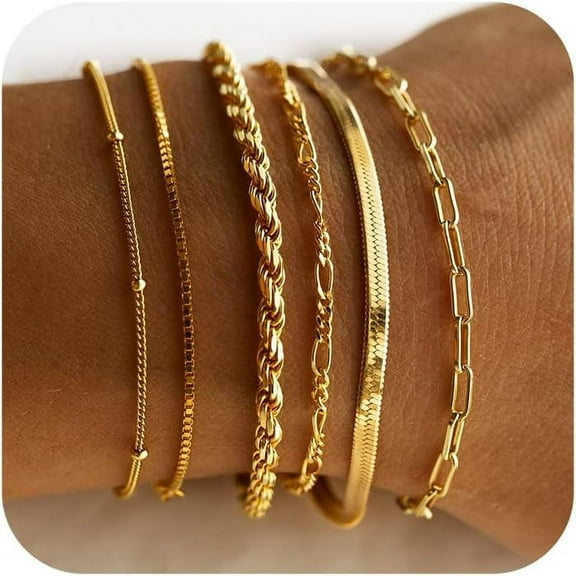 Gold Bracelets for Women Waterproof, 14K Real Gold Plated Stackable Dainty Chain Bracelet Set, Cuban Link & Paperclip Styles, Fashion Jewelry Gifts for Birthday, Christmas, Valentine's Day