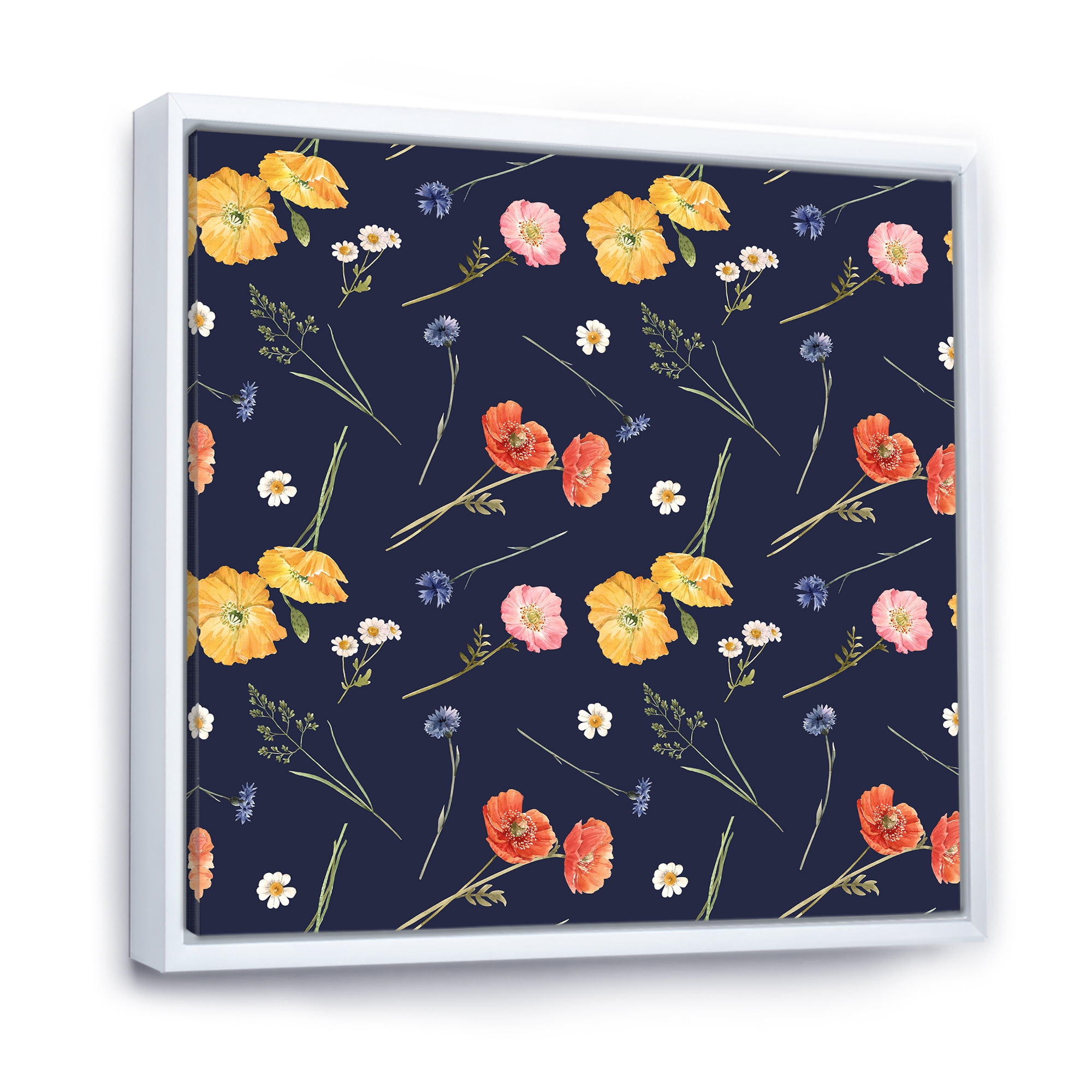 Designart 'Yellow and Orange Wild Flowers On Dark Blue' Traditional Framed Canvas Wall Art Print