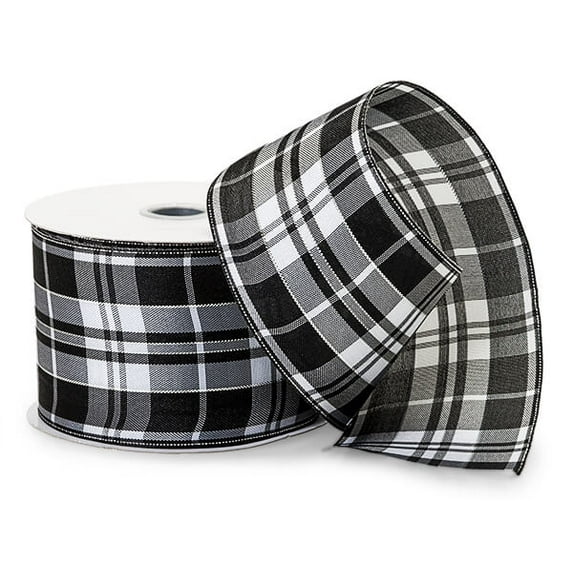 1 Pack, Black and White Plaid Ribbon With Silver Accents, 2-1/2"x10 Yards for Decor, Store Displays, and Gift Baskets