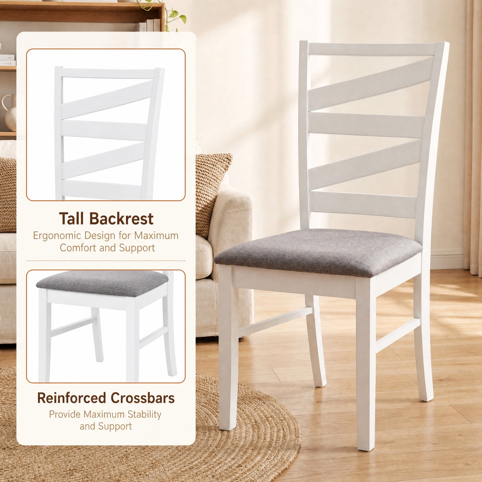 Furnibear Farmhouse Dining Chairs Set of 2 Upholstered with Tall Backrests and Rubber Wood Frames for Kitchen Dining Room, White