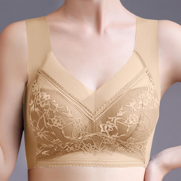 Amidoa Womens Bras No Wire Beige Lace Full Coverage Large Bust Bandeau Bralettes for Women L