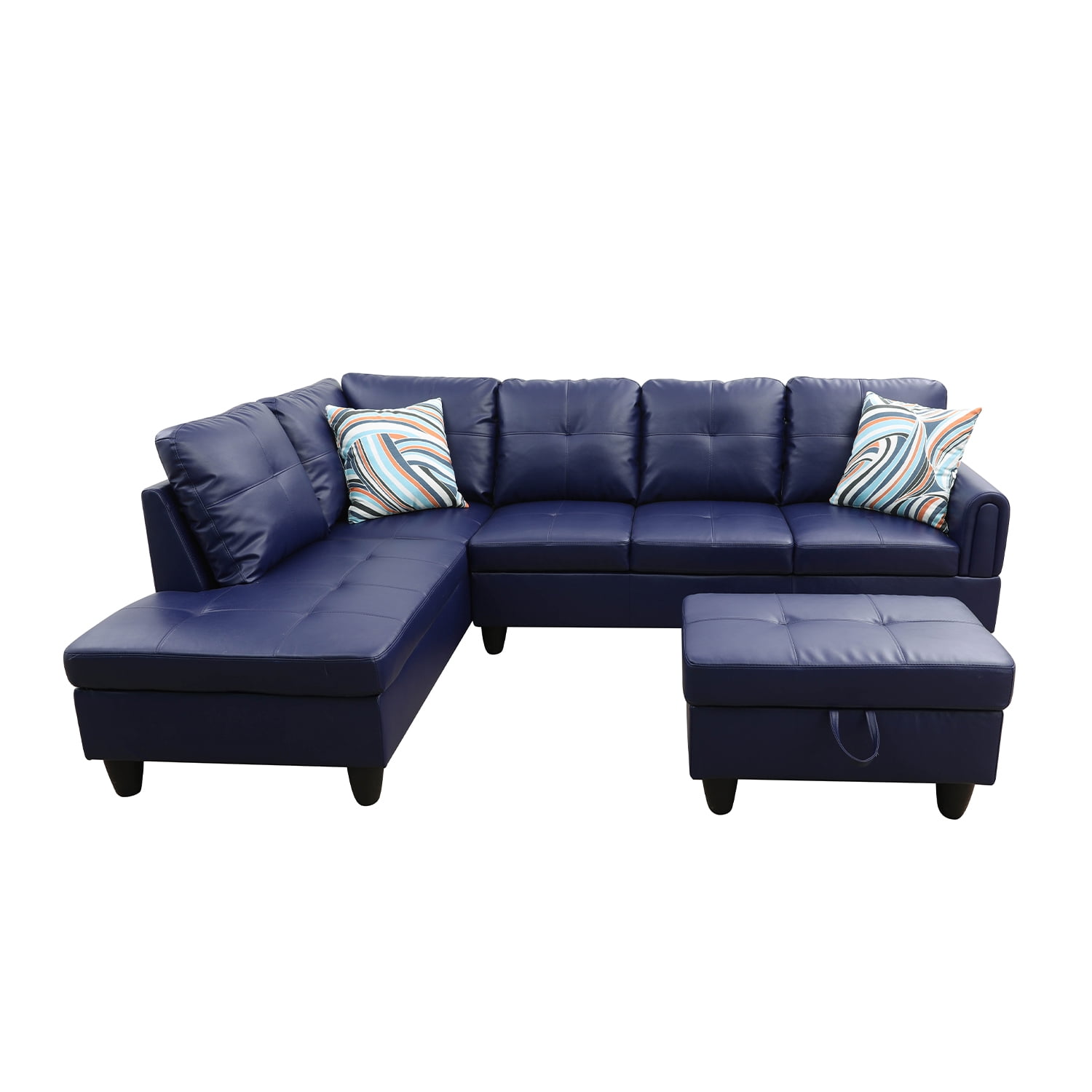 Hommoo L Shaped 4-Seat Couch, 16'' Back Height Faux Leather Sectional Couches and Sofas, Modern Living Room Furniture Sets Sectional Sofa Set, Blue(No Ottoman)