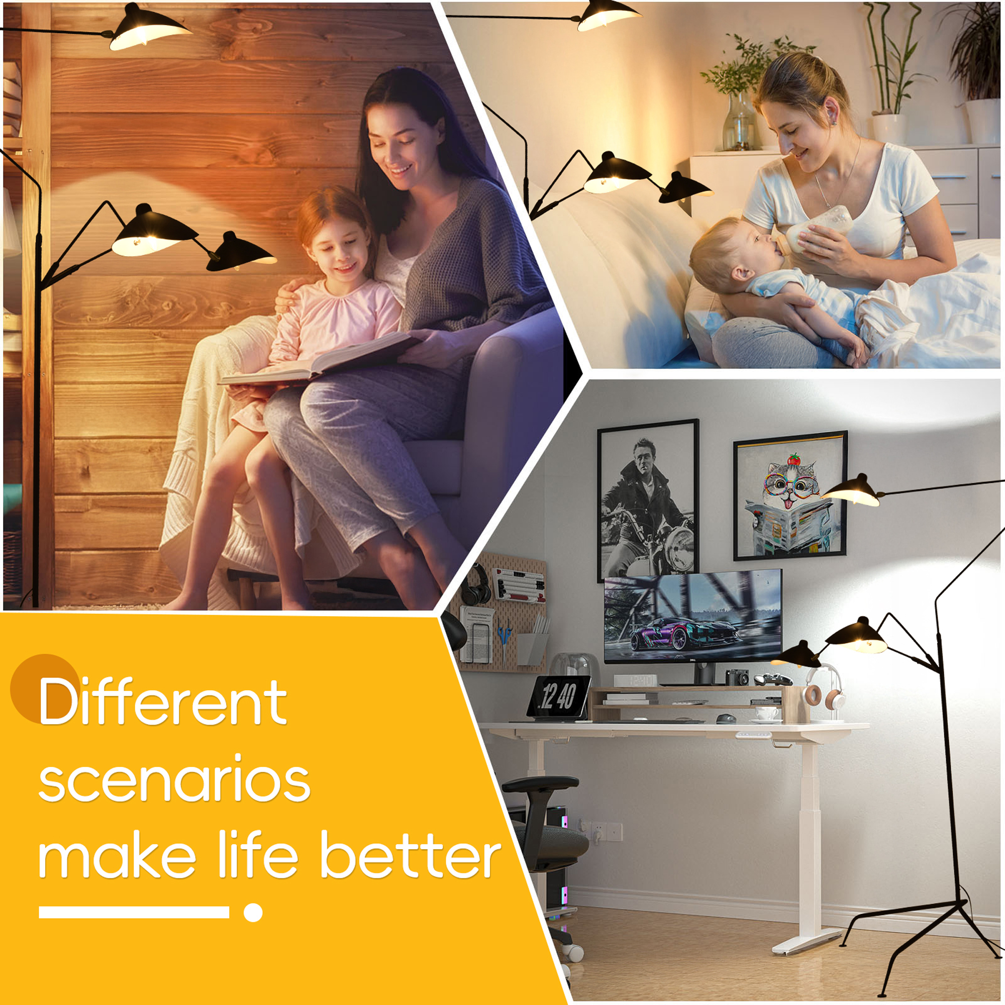 3-Shade Adjustable Floor Lamp, Modern Reading Lamp with Dimmable Tri-Light Design for Living Room, Bedroom & Office