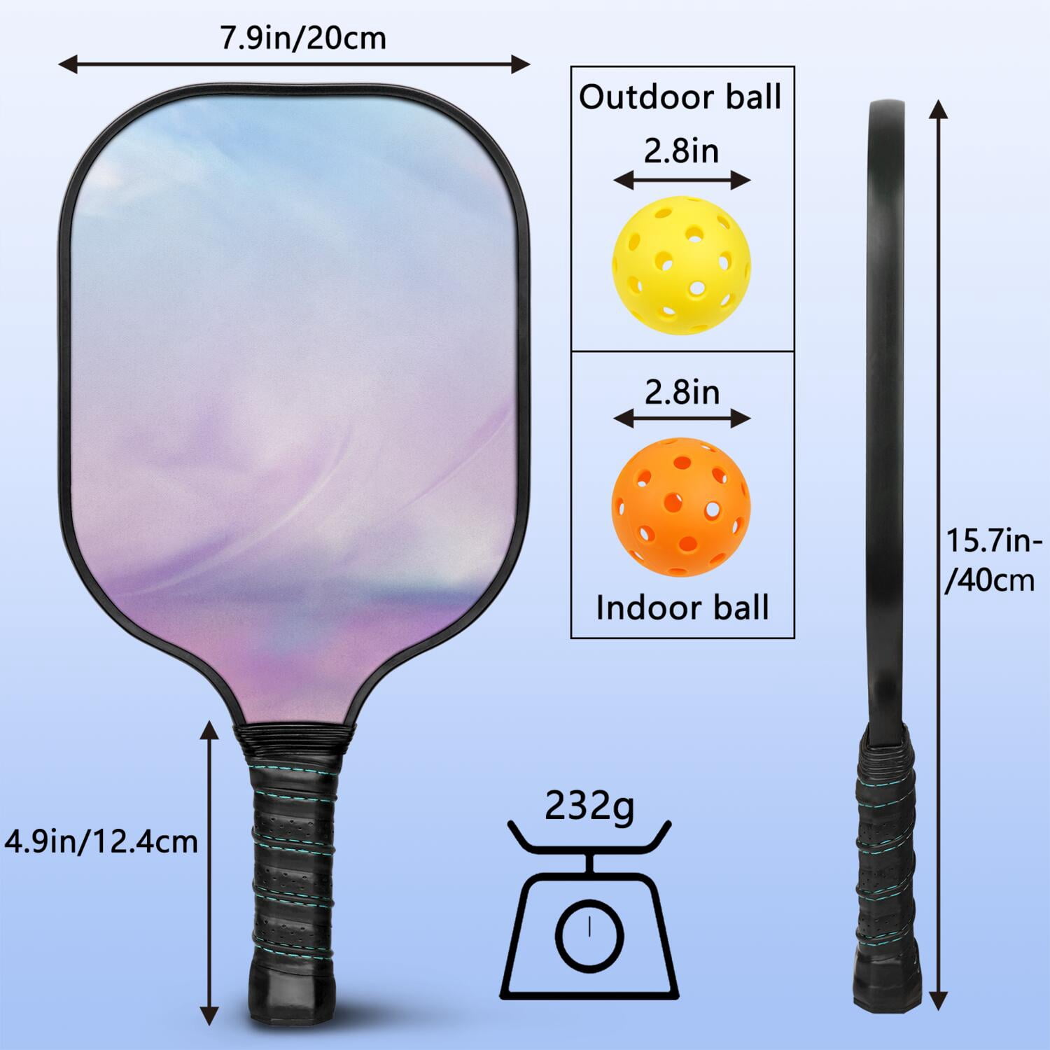 Pickleball Paddles Set Of 2, Fiberglass Surface, Dreamy Cloud Print, 4 Balls & Bag