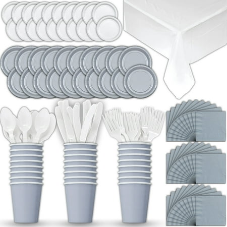 Silver Plated Table Knife - Paper Tableware Set for 24 - Silver & White - Dinner and Dessert Plates, Cups, Napkins, Cutlery (Spoons, Forks, Knives), and Tablecloths - Full Two-Tone Party Supplies Pack