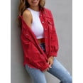 thumbnail image 3 of SEARIPE Women's Casual Denim Jacket Frayed Hem Ripped Long Sleeve Jean Jacket With Pockets Red S, 3 of 5