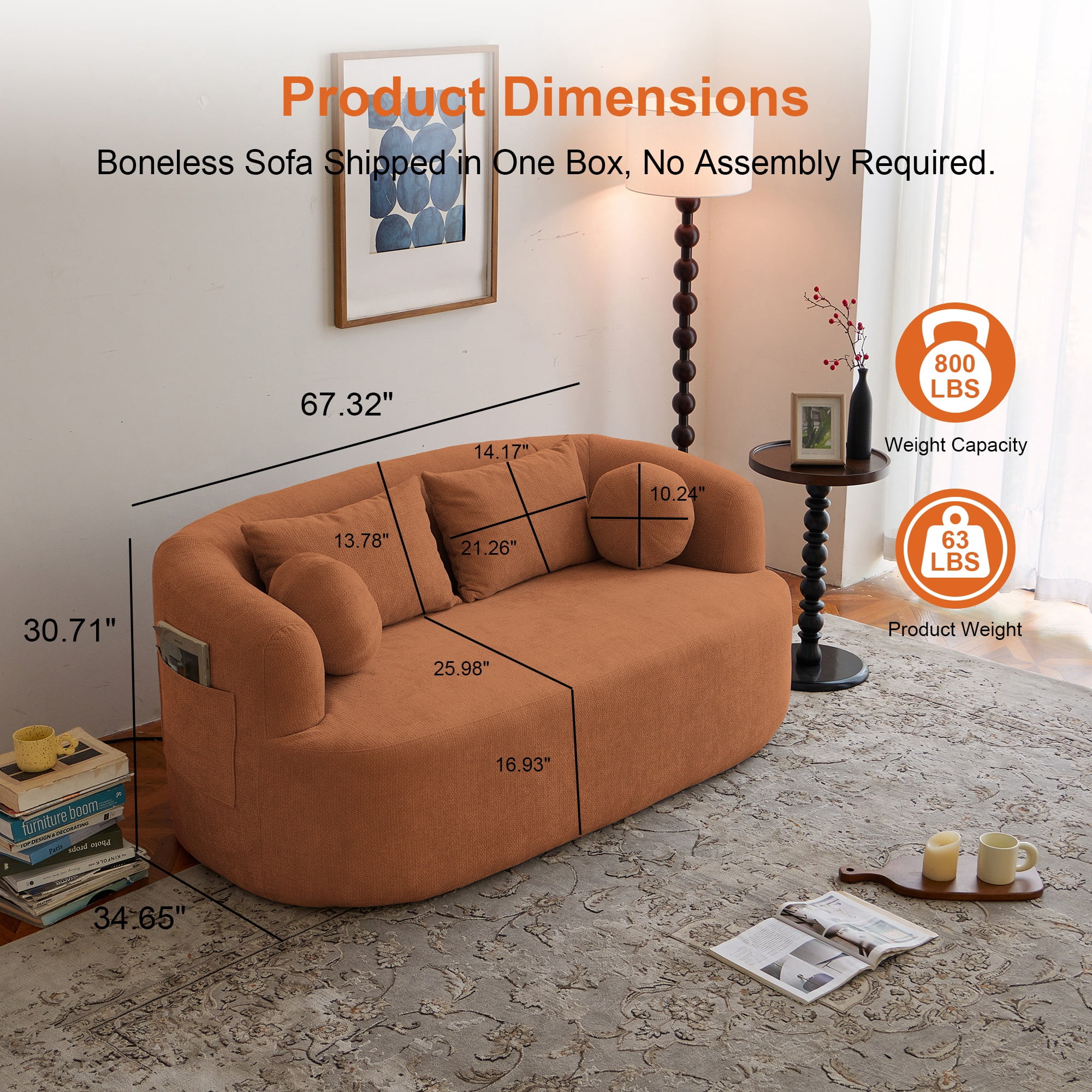 Loveseat Sofa-in-a-Box, 67" Chenille 2-Seater Couch with Deep Seats, 32D High-Resilience Foam, No Assembly Required, for Living Room, Small Space, Orange