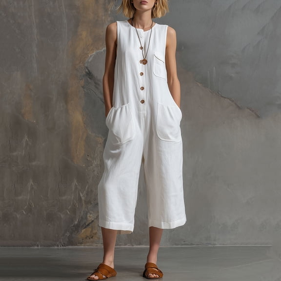 Women's Cropped Jumpsuit, Sleeveless Linen Round Neck Button Front Wide Leg Pants with Pockets, Summer Casual Daily Travel Wear White XXL