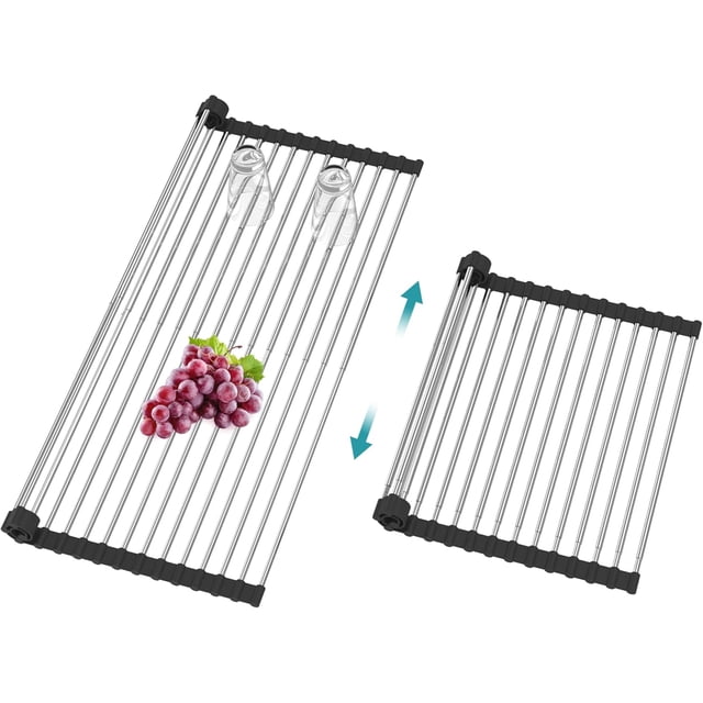 Extra Large Expandable Roll Up Dish Drying Rack,Over The Sink Drying Rack Sink Cover Kitchen Sink Accessories Kitchen Rolling up Stainless Steel Drainer, Foldable,Rollable(Black,25.1''-12.4'')
