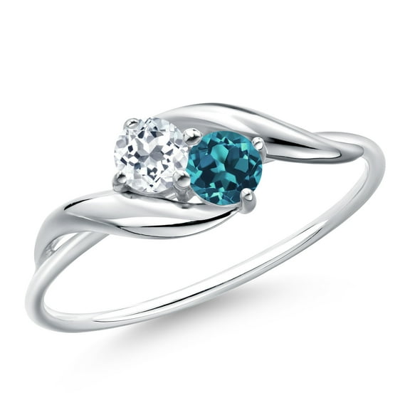 Gem Stone King 10K White Gold Round White Topaz and London Blue Topaz Ring for Women (0.44 Cttw, Round 3.5MM, Gemstone Birthstone, Size 7)