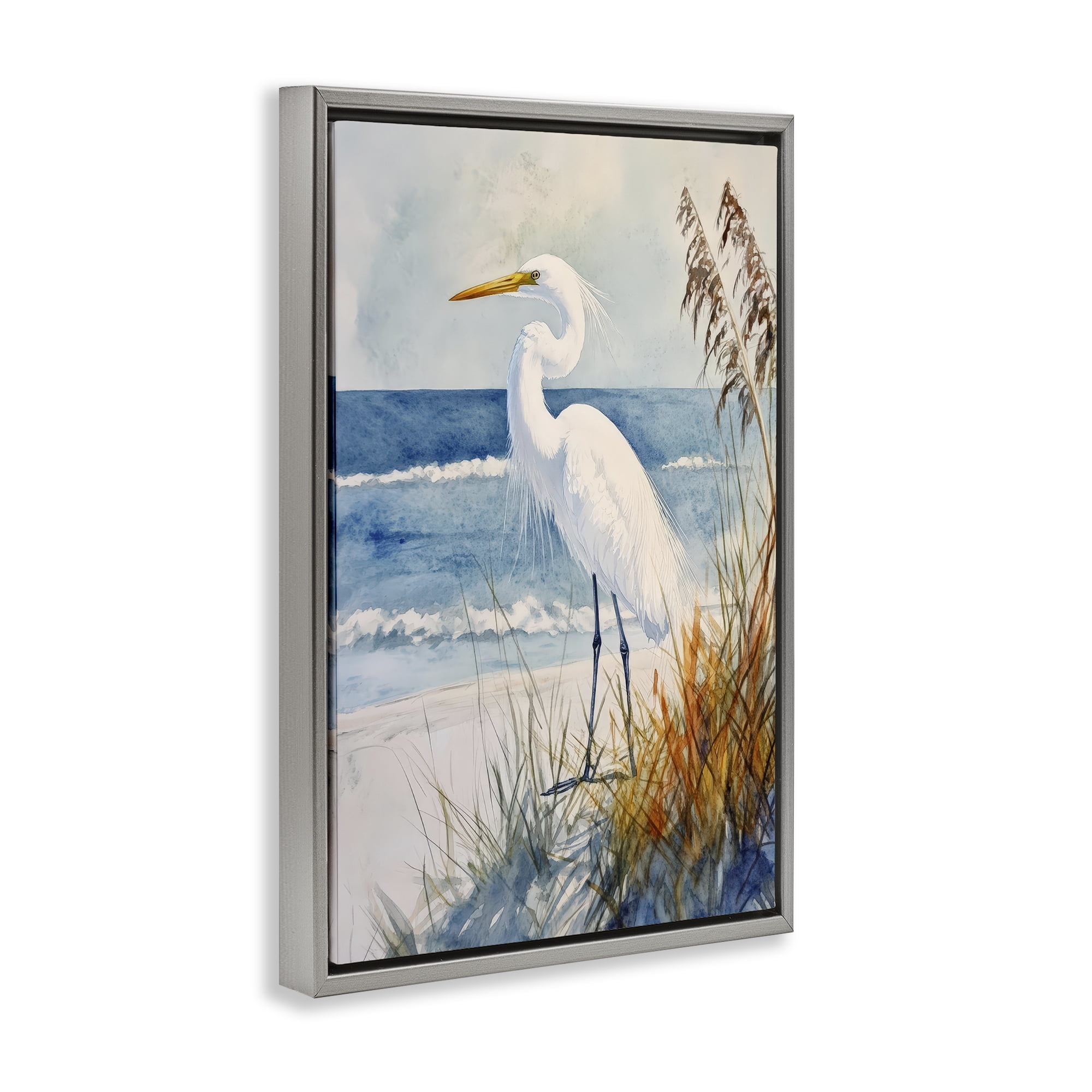 Stupell Industries Egret By The Waves Gray Framed Floater Canvas Wall Art, design by Petal Prints Design