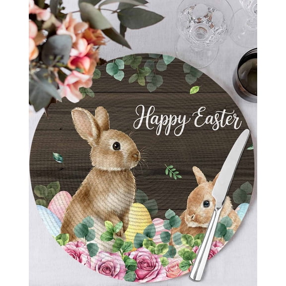 13 Inch Round Placemats Set of 6, Easter Non Slip Heat Insulation PP Table Mats, Spring Watercolor Bunny Eggs Flower Leaf Wood Grain Washable Place Mats for Kitchen Dining Party Table Decor