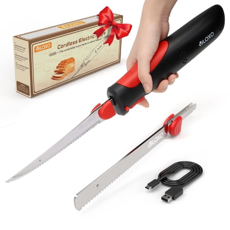 VLOXO Electric Knife , Rechargeable Electric Carving Knife with 2 Stainless Steel Blades Safety Lock Ergonomic Handle Cordless electric knife for Fish Fillet Steak Bread Turkey Butter