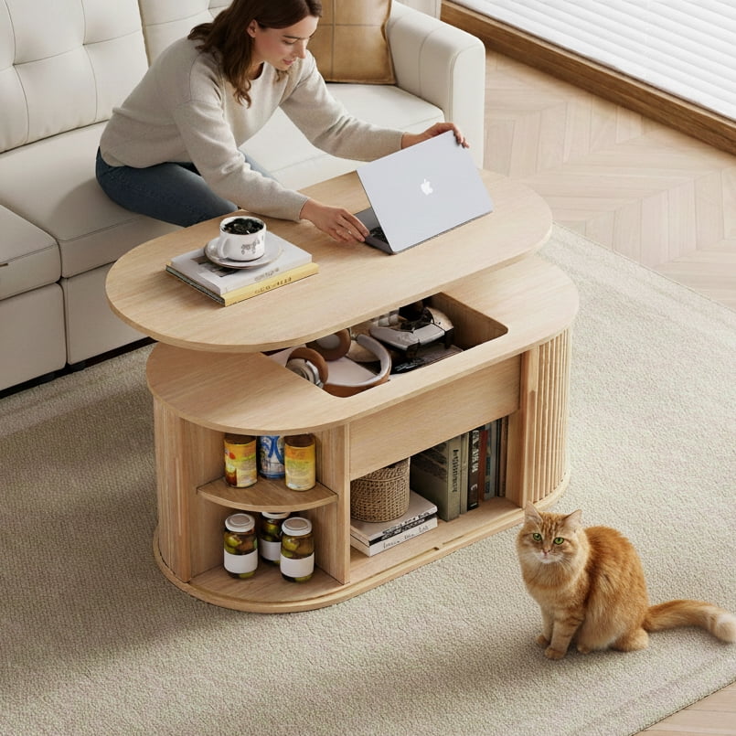 Linsy Home Lift Top Coffee Table with Storage, Fluted Coffee Table for Living Room with Open&Hidden Storage Space, Oak