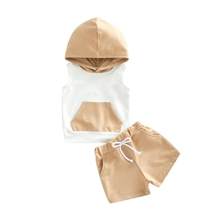 

Frobukio 2Pcs Infant Baby Boys Summer Clothes Sets Sleeveless Hooded Tank Tops with Pocket + Elastic Waist Shorts Khaki 6-12 Months
