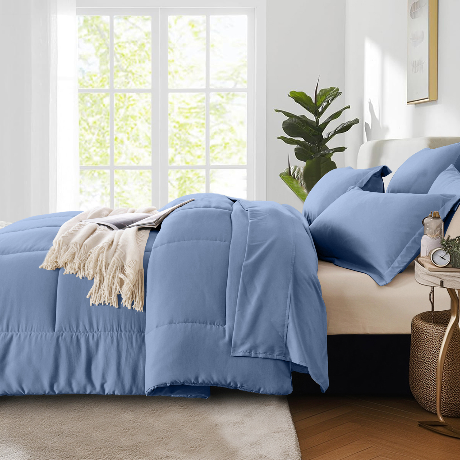 Flymme Full Size Comforter Sets with Sheets Blue Bed in a Bag Full Bed Sets 7 Pieces Modern Soft Microfiber Complete Bedding Sets for Women Man