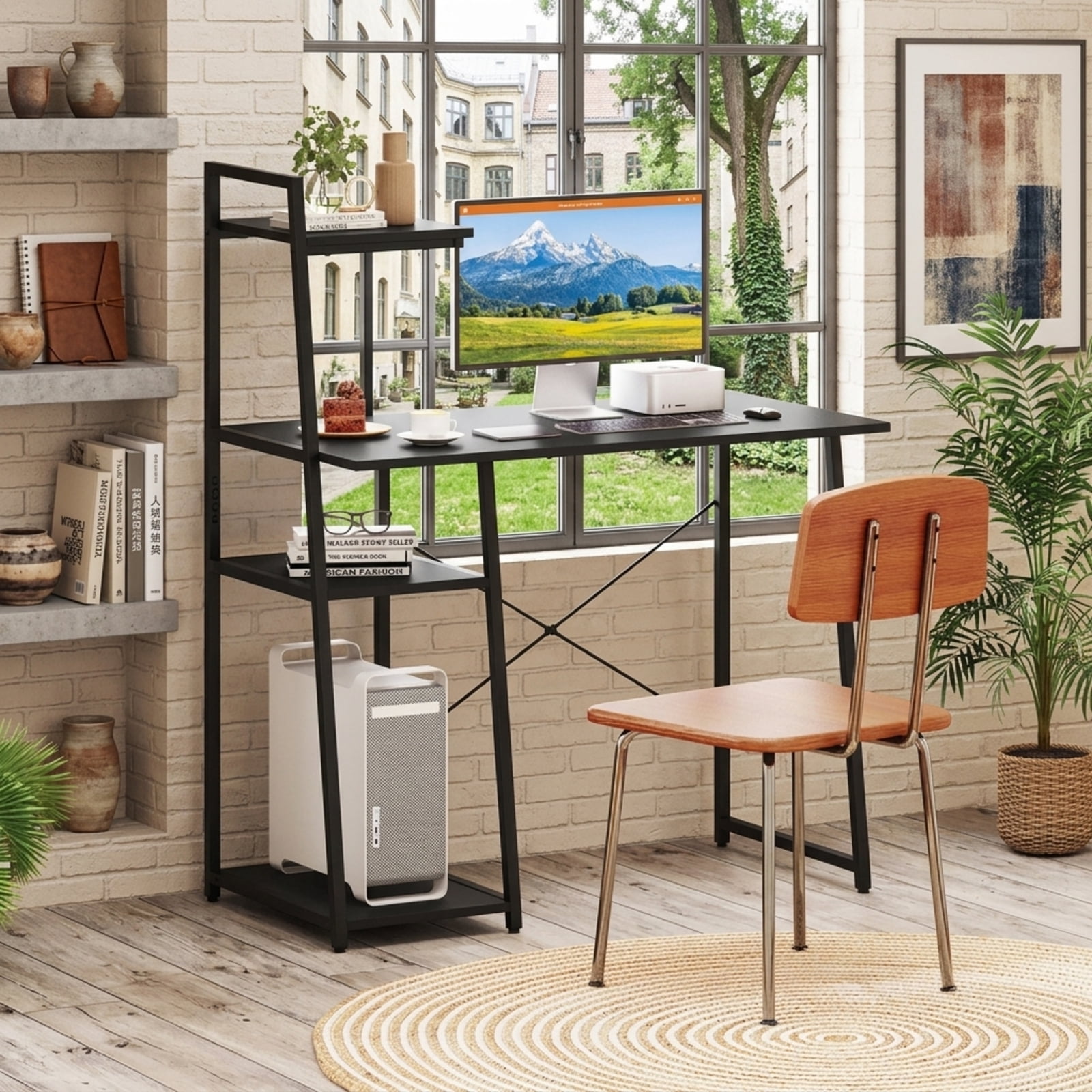 Furnibear Computer Desk with 3-Tier Storage Bookshelf Metal Frame Home Office Writing Workstation and Open Display Shelves, Black