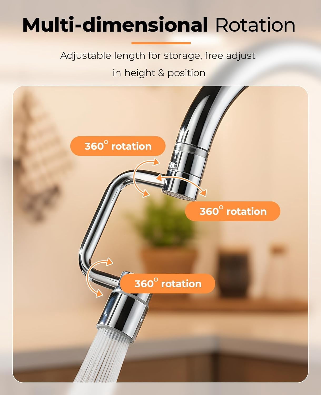 2PCS Rotatable Faucet Aerator Extension 1440°, U Shape 2 Spray Modes Adjustable Flexiflow 360° Rotating Sink Faucet Extender for Kitchen & Bathroom