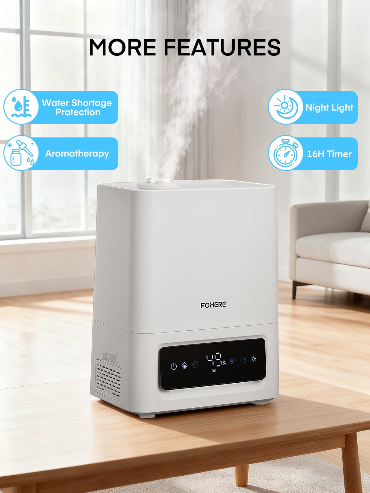 FOHERE 6L Humidifier Large Room, Cool Mist Humidifiers for Bedroom Home, 60H Ultra-Quiet Runtime for Baby, Plants, Smart Humidity Sensor, Fast Symptom Relief, 16H Timer, Oil Diffuser, White