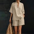 thumbnail image 6 of Cagogo Women Plus Size 2 Piece Set V Neck 3/4 Sleeve Shirt Shorts Casual Solid Loose Travel Outfits Lounge Tracksuits Summer Cruise Clothes Matching Lounge Sets, Beige L, 6 of 7