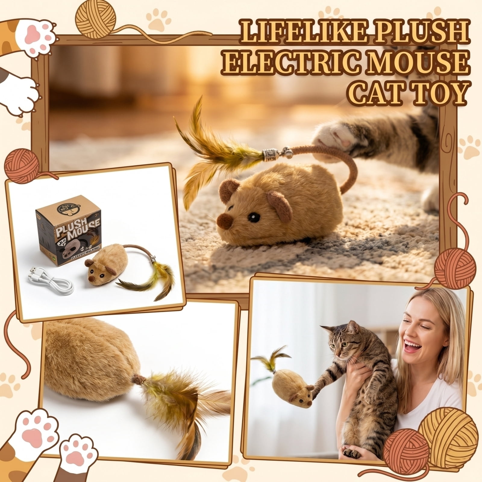 Plush Mouse Cat Toy, 2.4G Realistic Electric, 1 Pack Yellow with Feather Tail, Interactive Moving Toy for Indoor Cats to Chase and Play