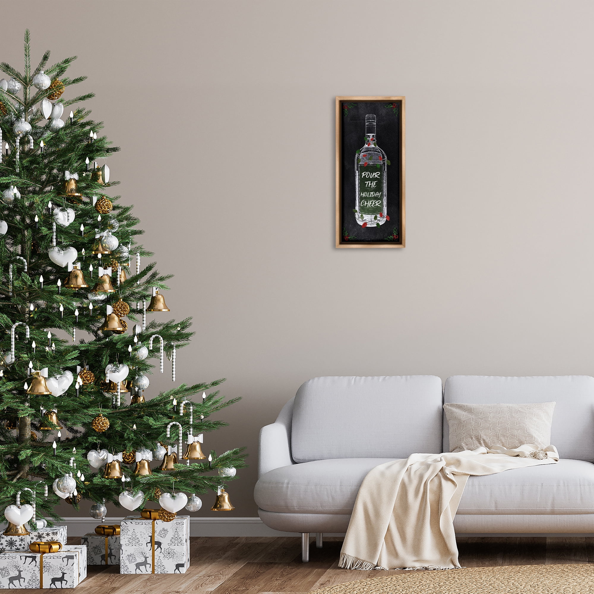 Stupell Industries Pour Holiday Cheer Bottle Holiday Painting Brown Floater Framed Canvas Art Prints Wall Art, 11 x 25