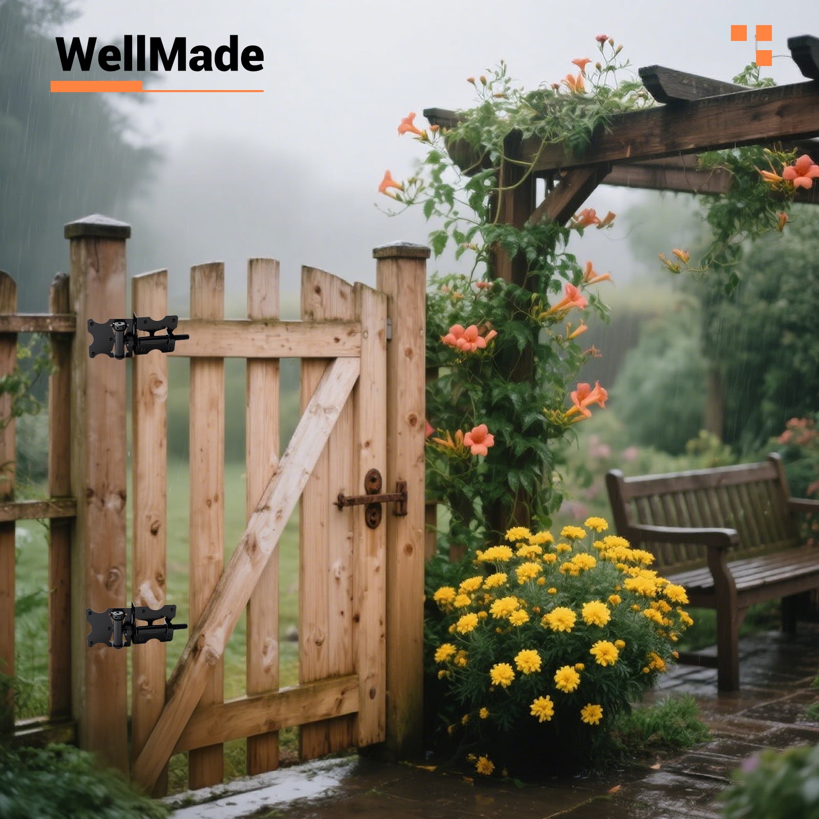 WellMade 2 Pack Heavy Duty Self Closing Gate Hinges，Adjustable Vinyl Gate Hinges with Screws and Swing Adjuster Tool，Black