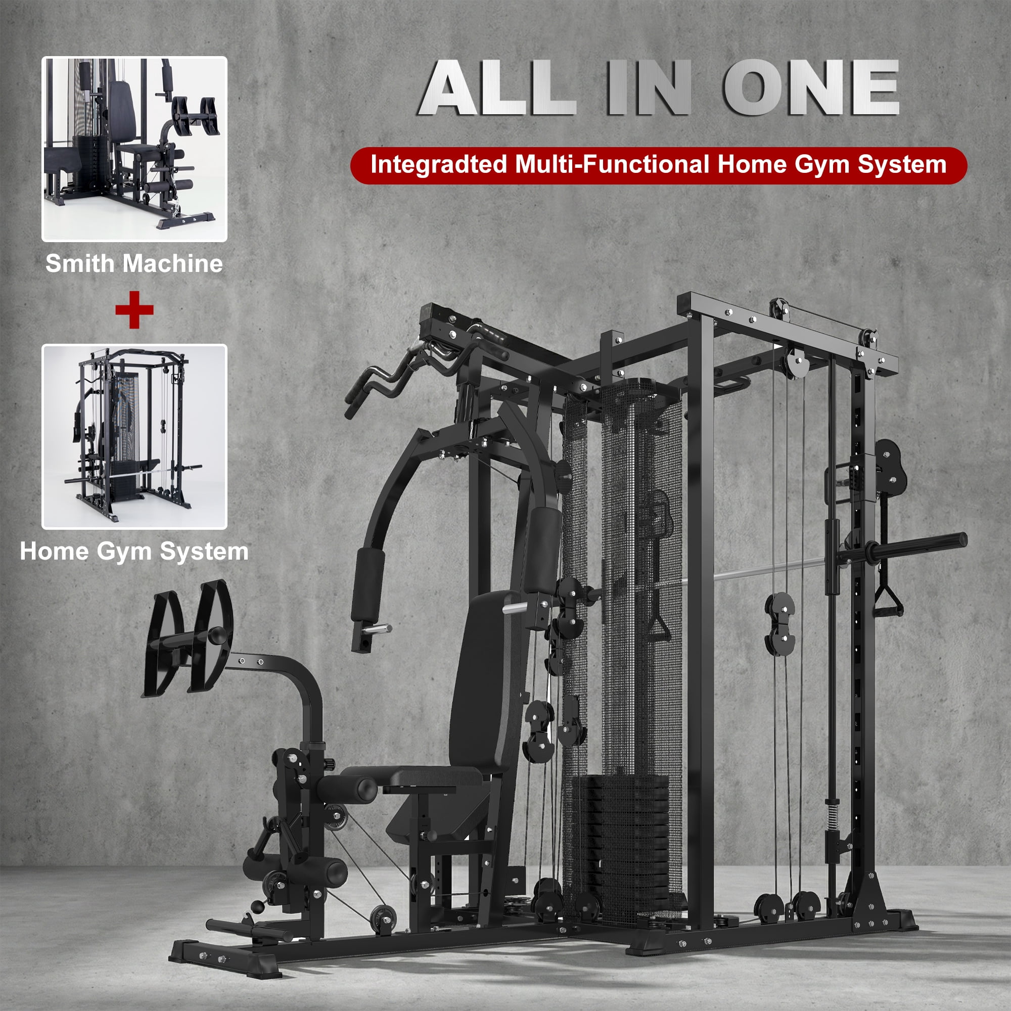 gymusclo Multifunction Home Gym Equipment Workout Station, Smith Machine with 150LBS Weight Stack, Cable Crossover, Leg Press, LAT Station, Heavy Duty Functional Trainer for Full Body Training