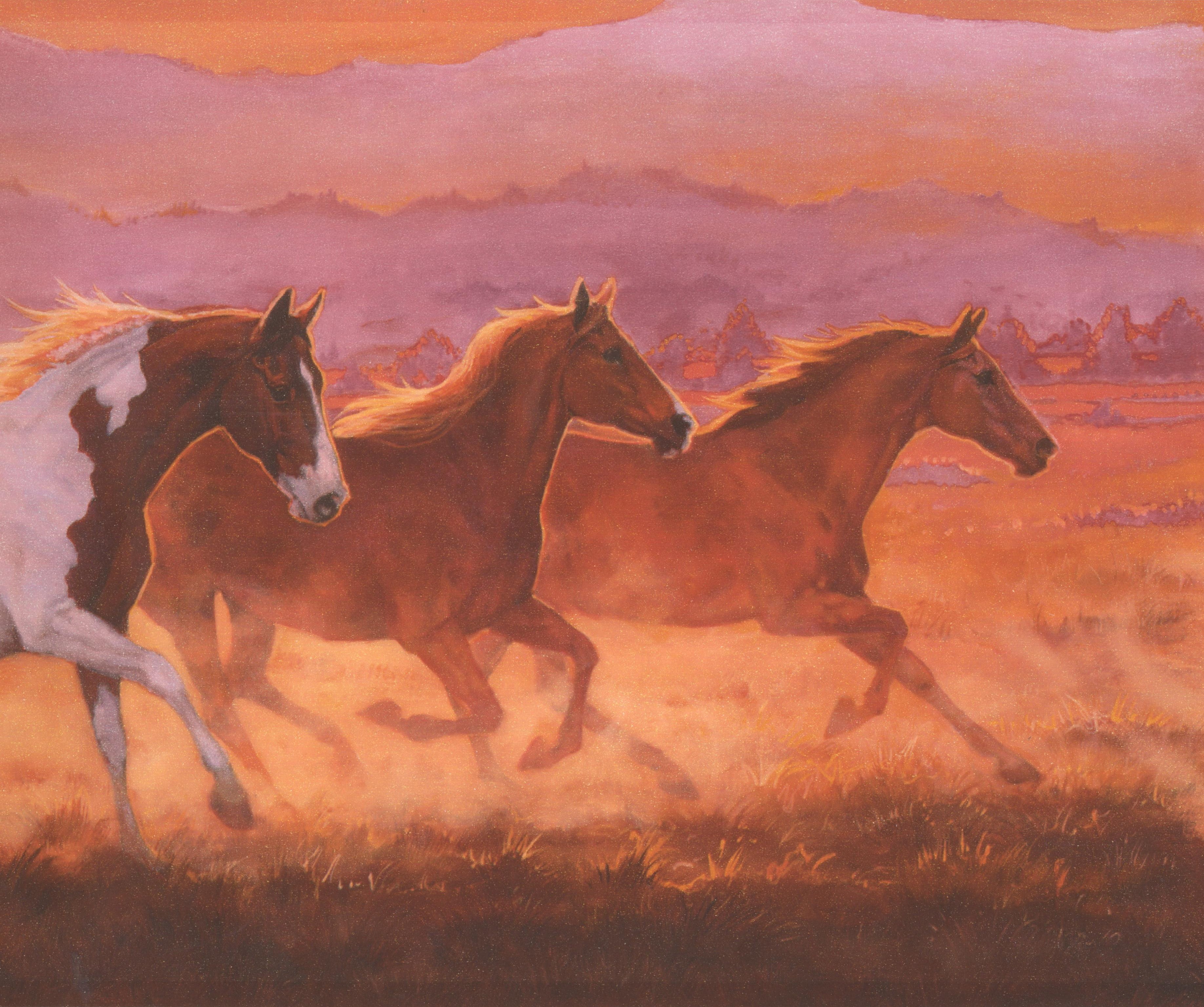 Wallpaper Border - Beautiful Galloping Horses in the Wild Orange Wall