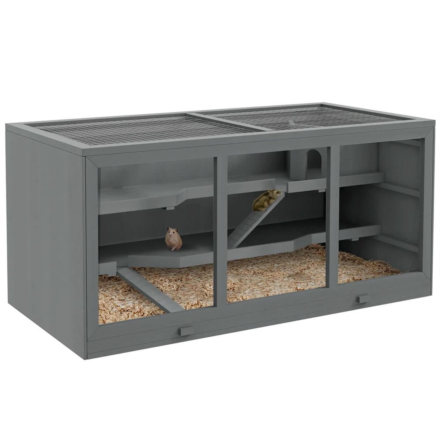 Kadyn 45" Wooden Hamster Cage with Opening Roof, Hut, Ramps, Large Small Animal Habitats for Guinea Pig Cages, Gray