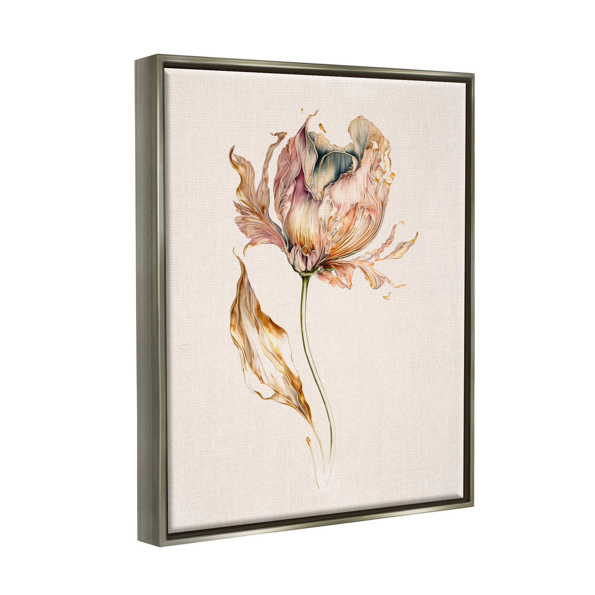 Stupell Industries Vintage Tulip Petals Botanical & Floral Painting Gray Floater Framed Canvas Art Print Wall Art, 17 x 21