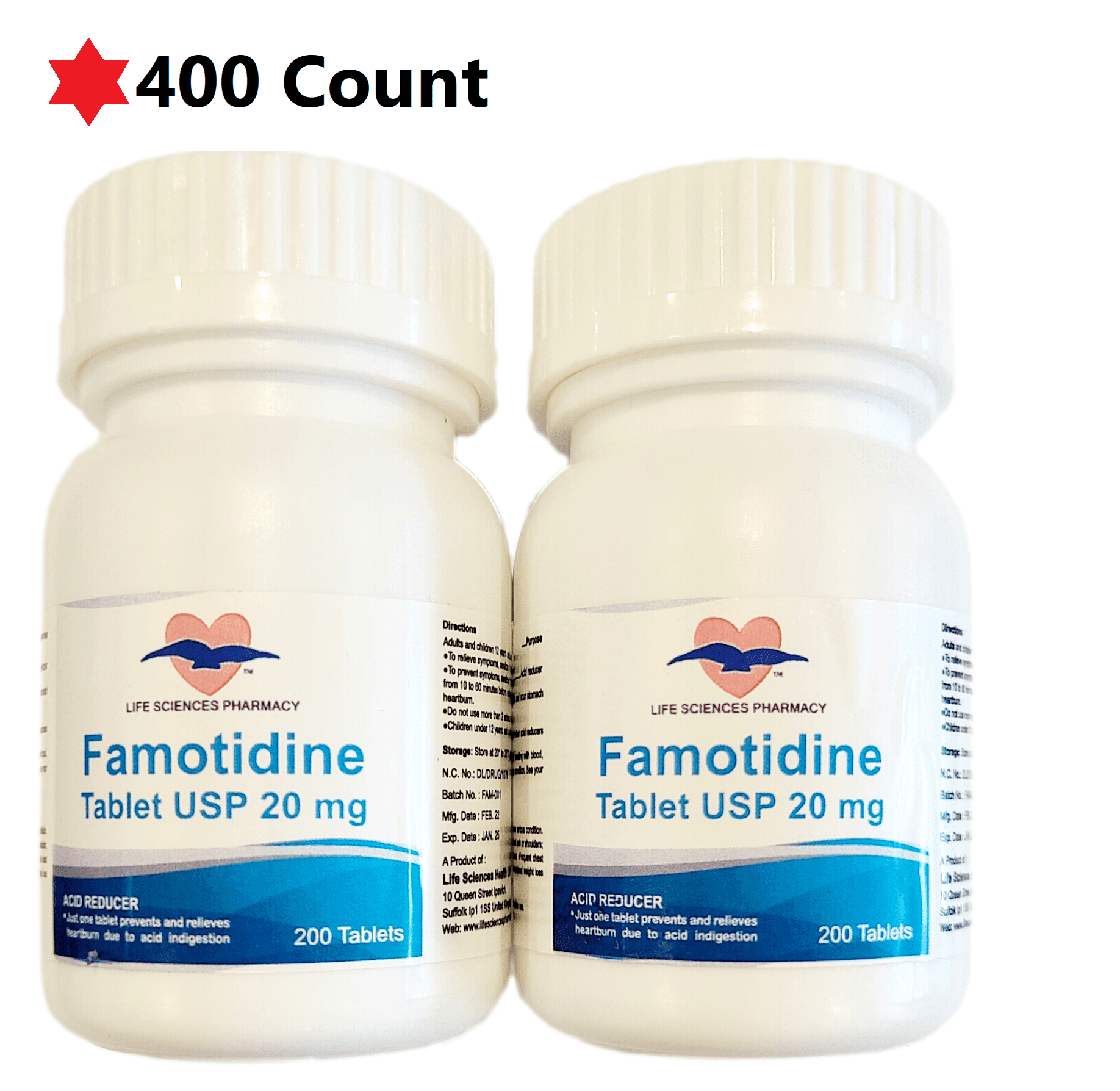 Famotidine Maximum Strength Acid Reducer Tablets, 20mg, Treats Heartburn, 400 count
