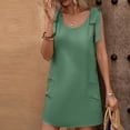 thumbnail image 4 of Robes Décontractées pour Femmes Robe Unie à Col Rond Sans Manches avec Boucle Décorative et Laçage Jupe Courte Robe à Manches Courtes pour Femmes Vert TG, 4 of 9