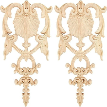 2Pcs Solid Wood Carved Onlay Applique Craft Unpainted Onlay Furniture Home Decoration BurlyWood 190x118x9mm