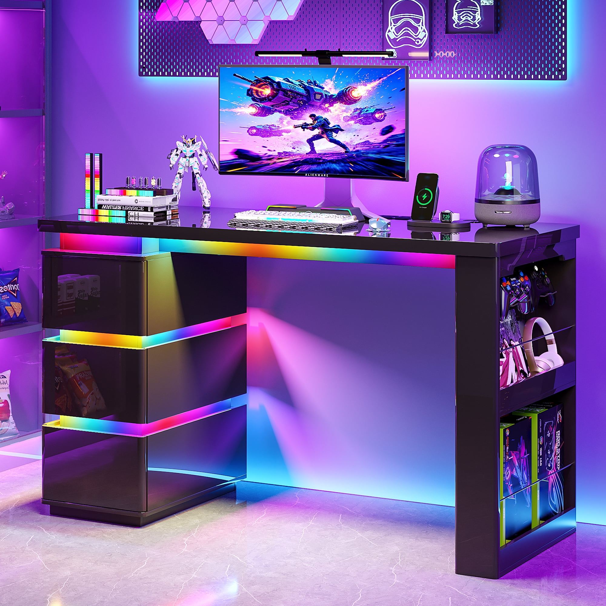VKCC Computer Desk with LED Lights Home Office Desk with 3 Drawers Power Outlets High Gloss Gaming Desk with Music‑Sync RGB lights App‑Controlled for Home Office Study Black