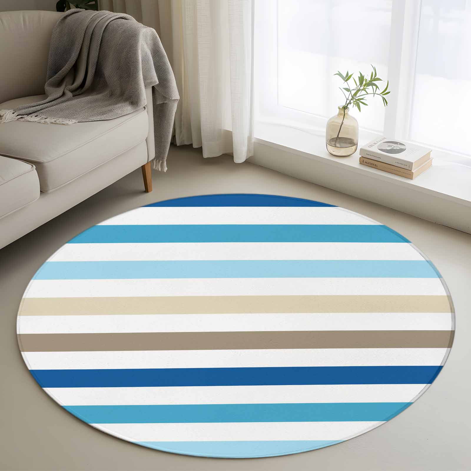Blue Ombre Brown Striped Round Living Room Rugs 3.3 ft Modern Minimalist Abstract Lines Washable Area Rug with Non-Slip Sturdy Edge Binding Round Front Door Mat Floor Carpet for Entryway