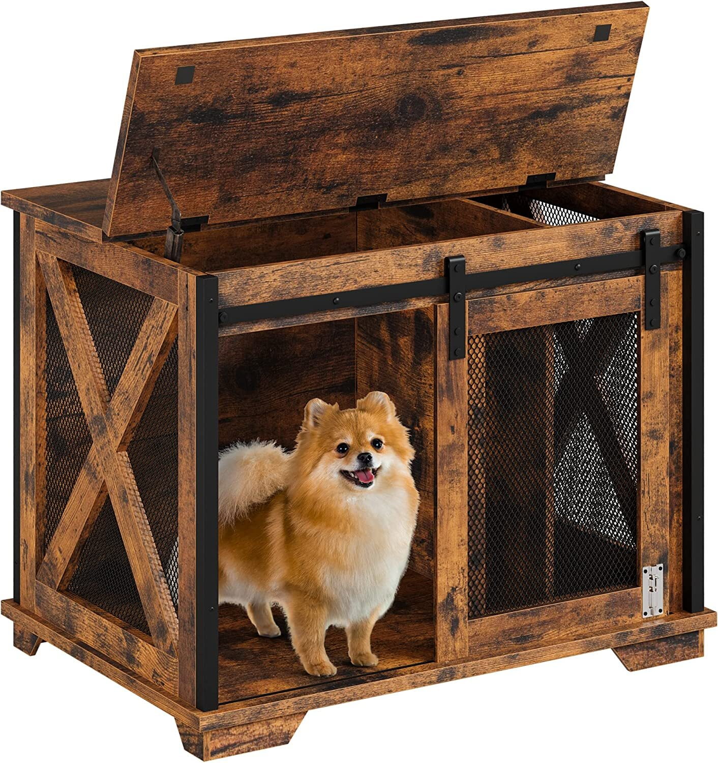 Yartaka 37'' Sliding Barn Door Dog Crate Furniture with Flip Top and Movable Divider, Wooden Dog