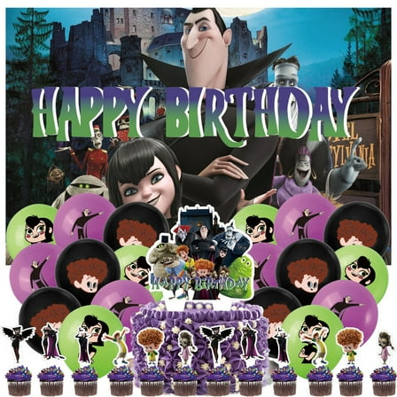 32 Pcs For Hotel Transylvania Theme Birthday Party Supplies Party Favor Set,With 5*3ft Birthday Backdrop Decorations,13 Cupcake Toppers,18 Balloons,All in One Party Supply Set