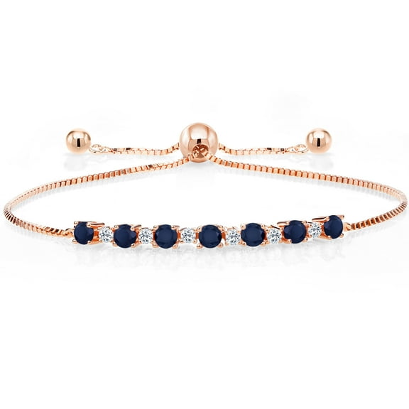 Gem Stone King 18K Rose Gold Plated Silver Round Blue Sapphire and White Topaz Tennis Bracelet for Women (1.34 Cttw, Gemstone Birthstone, Fully Adjustable up to 9 inch)