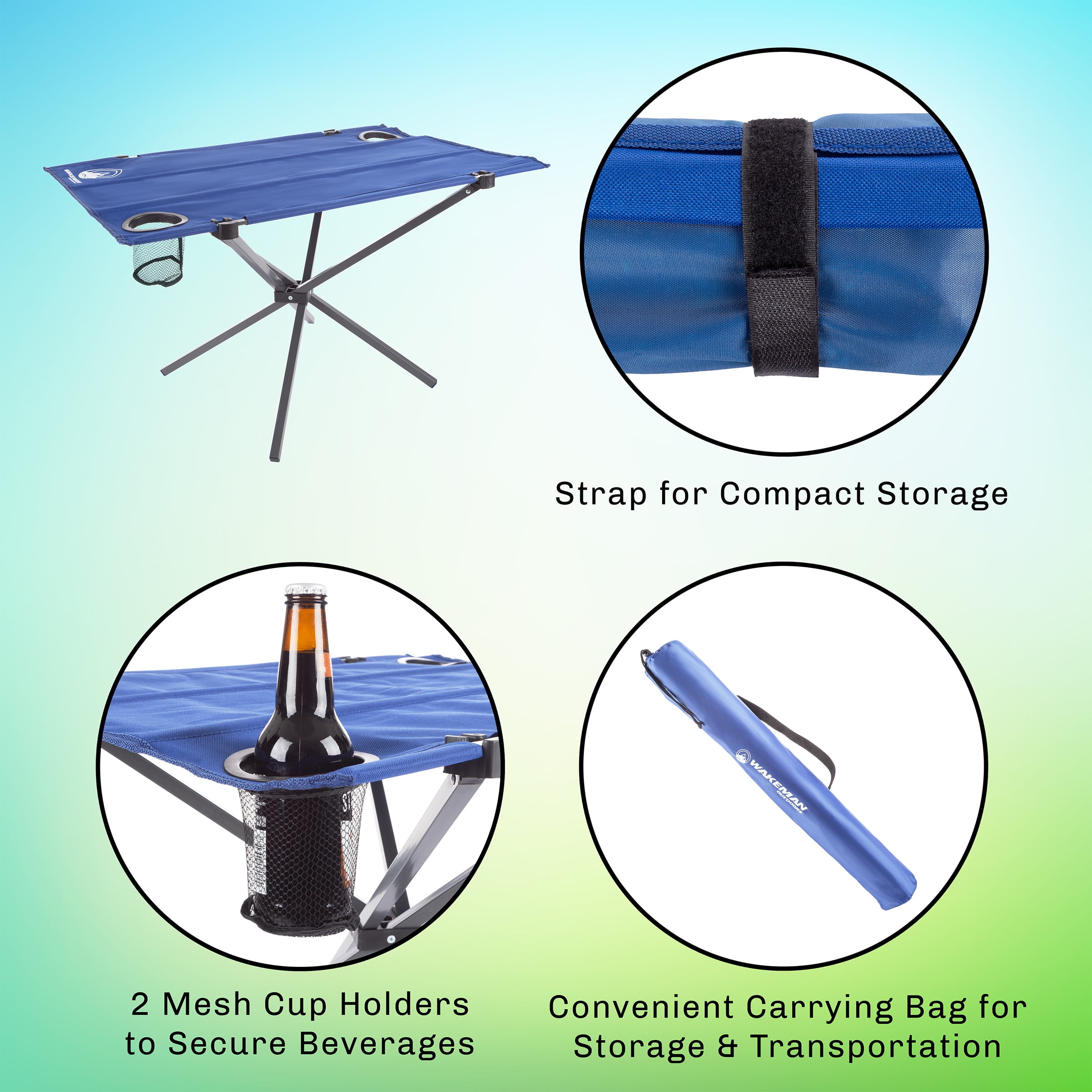 Camp Table-Outdoor Folding Table with 2 Cupholders and Carrying Bag-For Camping Hiking Beach Picnic or Sporting Events by Wakeman Outdoors (Blue)