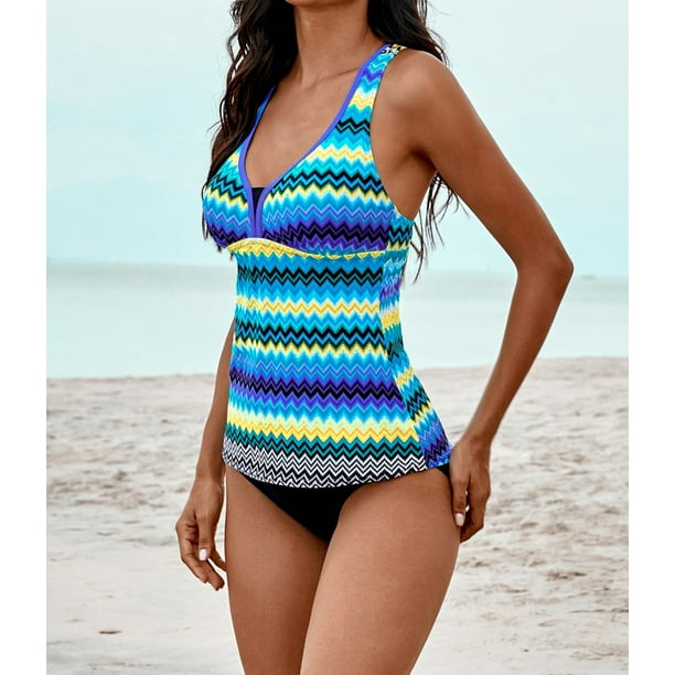 Maillot de Bain Tankini Femme Bleu A Raye Dos Nageur Sport –