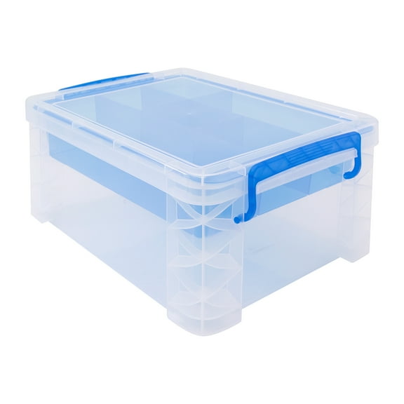 Super Stacker Divided Storage Box, 6 Sections, 10.38" X 14.25" X 6.5", Clear/blue