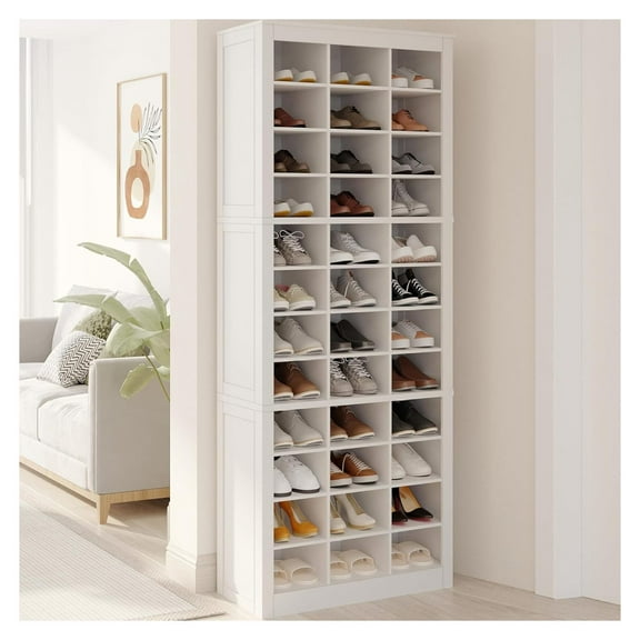 Shoe Storage Cabinet, 36 Pairs Standing Closet Organizer, 8.8" Widened Cell Wood Shoe Organizer, 12 Tiers Vertical Space Saving Shoe Rack for Entryway, Bedroom, White SR20703X