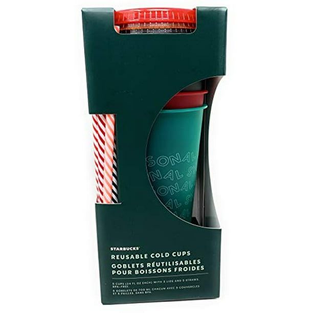 Limited Edition Holiday 2019 Starbucks Reusable Cold Cups With Lids & Straws 5 Pack 24 Ounces